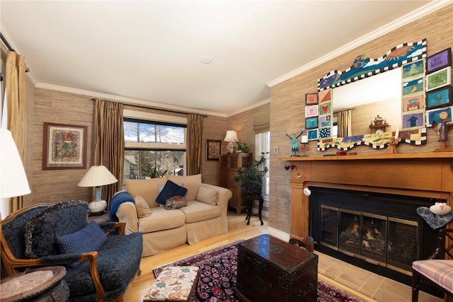 102 S High St, Breckenridge, CO 80424 - living area featuring crown molding, a glass covered fireplace, and wallpapered walls