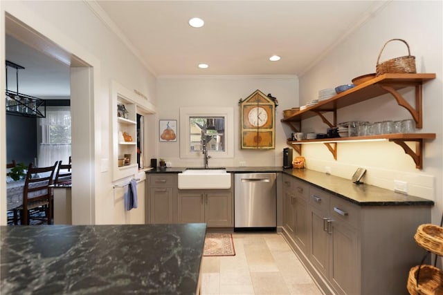 102 S High St, Breckenridge, CO 80424 - kitchen featuring dishwasher, open shelves, a sink, ornamental molding, and dark stone counters