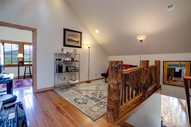 26755 Aspen Ct, Clark, CO 80428 - interior space with lofted ceiling, wood-type flooring, baseboards, and recessed lighting
