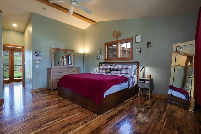 26755 Aspen Ct, Clark, CO 80428 - bedroom featuring wood finished floors, beamed ceiling, french doors, baseboards, and high vaulted ceiling