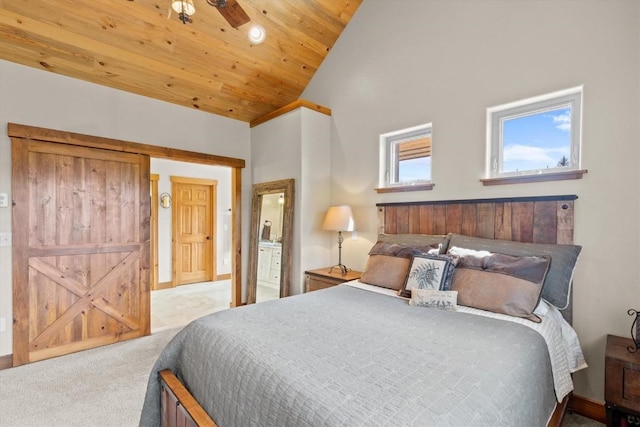 bedroom featuring baseboards, carpet flooring, wood ceiling, and high vaulted ceiling