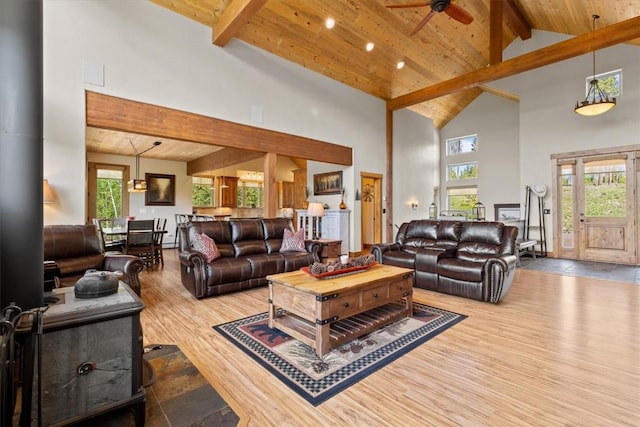living area featuring ceiling fan, beam ceiling, a wood stove, high vaulted ceiling, and wood finished floors
