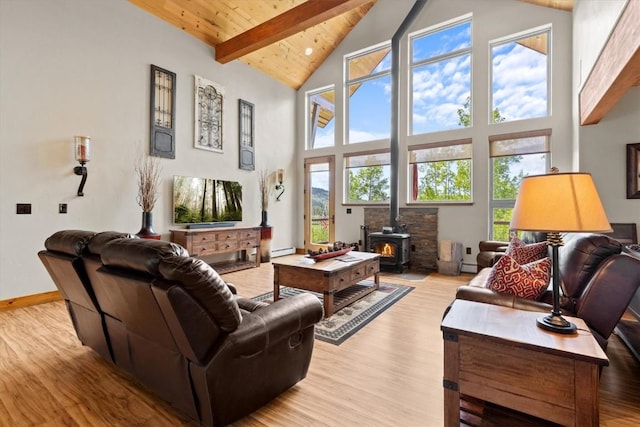 living room with a healthy amount of sunlight, a wood stove, beam ceiling, high vaulted ceiling, and light wood-style flooring