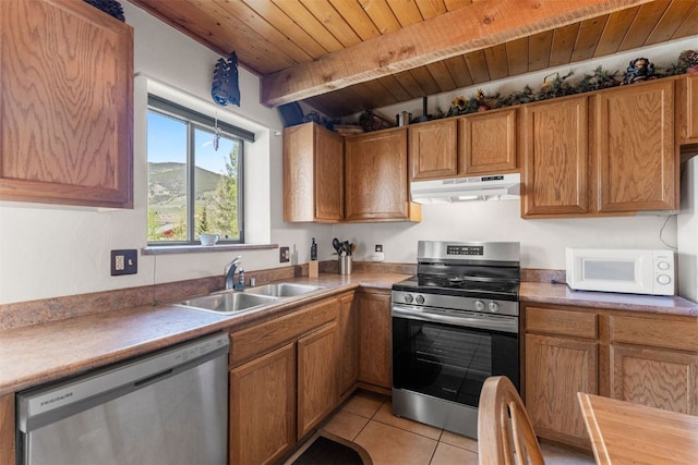 100 Cove Blvd Unit F, Dillon, CO 80435 - kitchen with stainless steel appliances, under cabinet range hood, a sink, wood ceiling with exposed beams, and light tile patterned floors