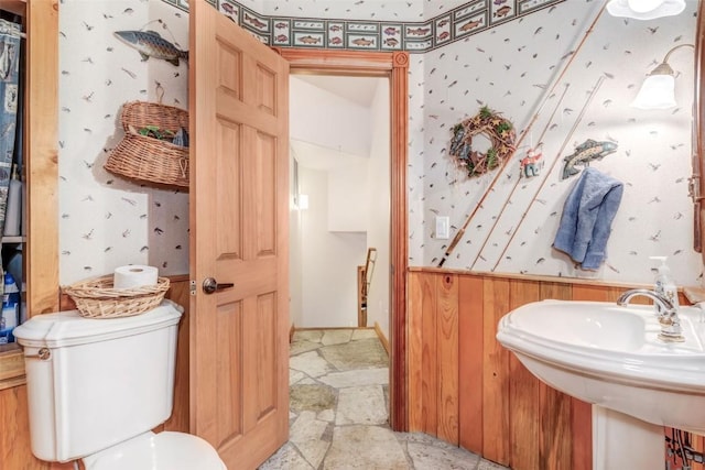 bathroom with toilet, sink, and wooden walls