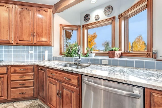 kitchen featuring light stone countertops, dishwasher, sink, tasteful backsplash, and beamed ceiling