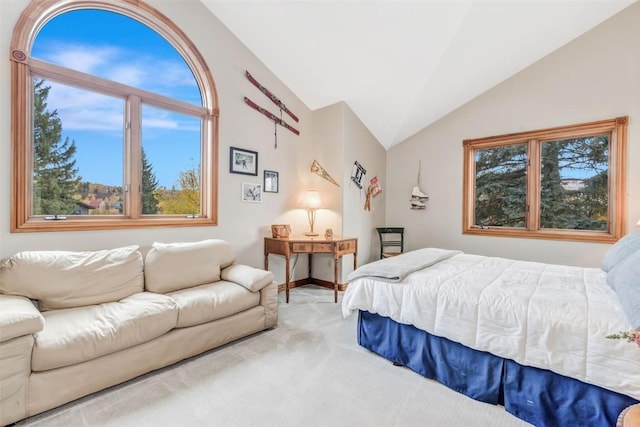 bedroom with carpet, multiple windows, and lofted ceiling