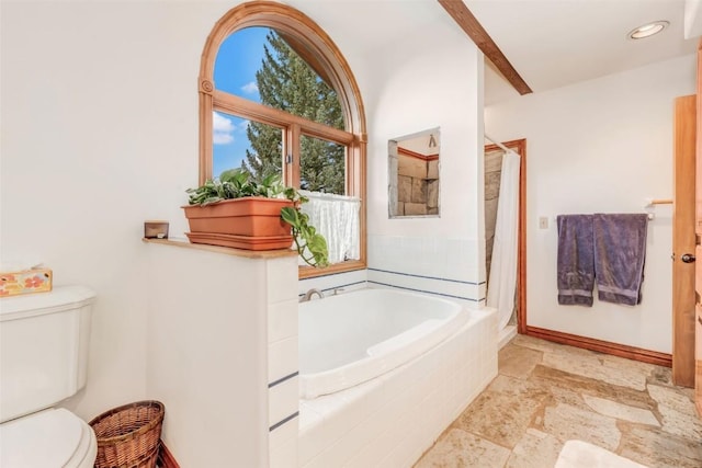 bathroom featuring toilet and separate shower and tub