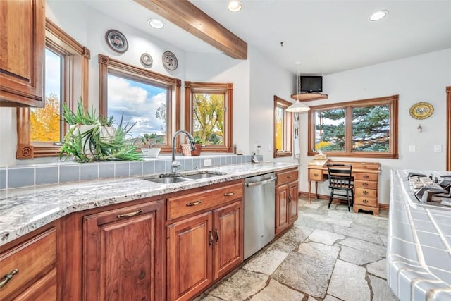 kitchen featuring light stone counters, gas range gas stove, sink, beamed ceiling, and dishwasher