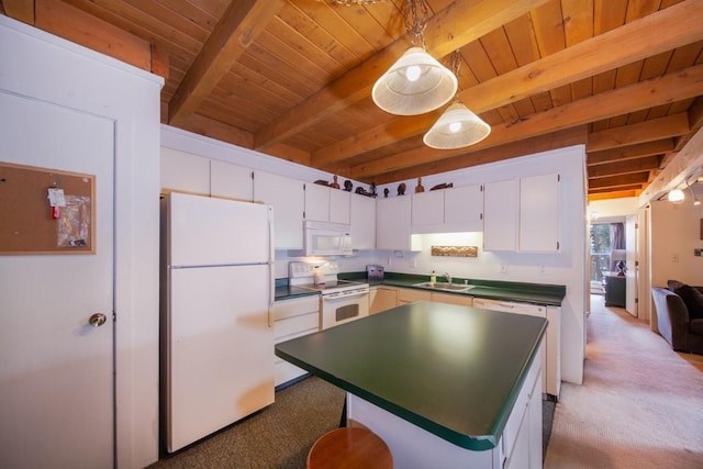 kitchen featuring a center island, sink, beamed ceiling, white appliances, and white cabinets