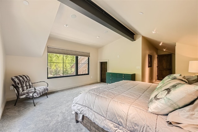 bedroom featuring vaulted ceiling with beams, recessed lighting, baseboards, and light colored carpet