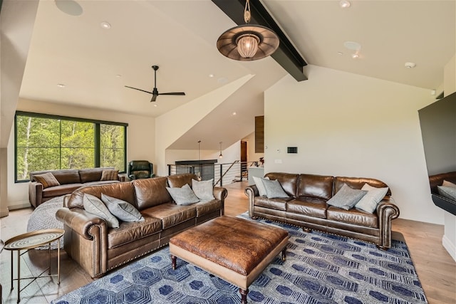 living area featuring vaulted ceiling with beams, recessed lighting, ceiling fan, and wood finished floors