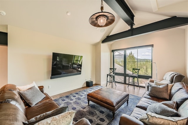 living room with baseboards, high vaulted ceiling, beam ceiling, and wood finished floors