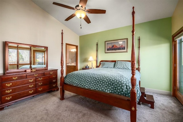 40870 Purple Sage St, Steamboat Springs, CO 80487 - carpeted bedroom with vaulted ceiling, ceiling fan, baseboards, and ensuite bathroom