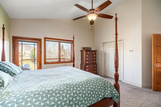 40870 Purple Sage St, Steamboat Springs, CO 80487 - bedroom with light carpet, lofted ceiling, baseboards, a ceiling fan, and access to exterior