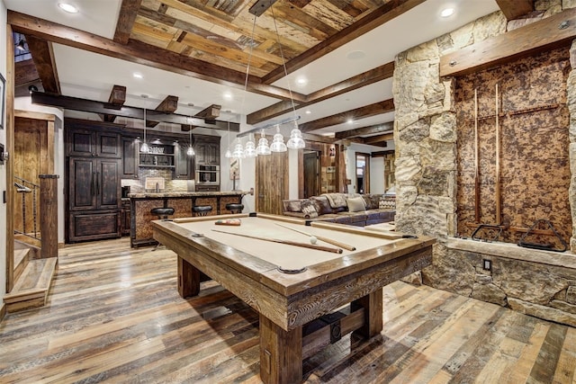 19 Peak 8 Ct, Breckenridge, CO 80424 - recreation room with light wood finished floors, billiards, a wooden ceiling with exposed beams, and recessed lighting