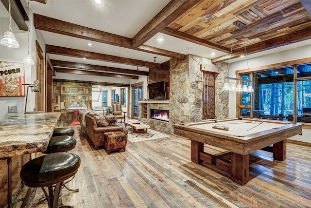 19 Peak 8 Ct, Breckenridge, CO 80424 - playroom with billiards table, wood-type flooring, a stone fireplace, beam ceiling, and recessed lighting