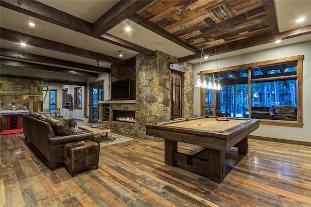19 Peak 8 Ct, Breckenridge, CO 80424 - rec room featuring hardwood / wood-style floors, pool table, a stone fireplace, a wooden ceiling with exposed beams, and recessed lighting