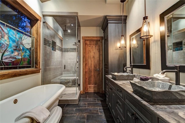 19 Peak 8 Ct, Breckenridge, CO 80424 - full bathroom with a shower stall, a soaking tub, and double vanity