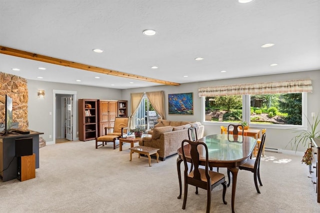 862 Douglas St, Steamboat Springs, CO 80487 - dining space with light carpet, recessed lighting, baseboards, beamed ceiling, and baseboard heating