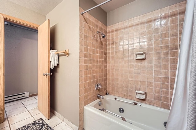 full bath with a baseboard heating unit, tile patterned floors, shower / bath combo with shower curtain, and baseboards