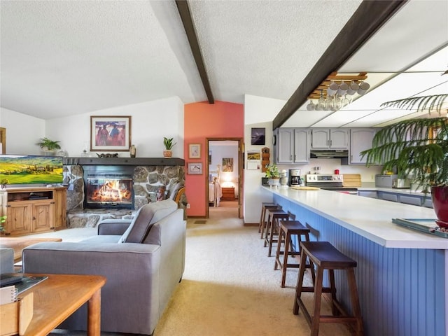 1346 Rainbow Dr, Silverthorne, CO 80498 - living room with a textured ceiling, light colored carpet, and a stone fireplace