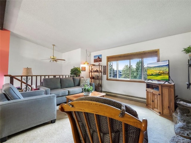 1346 Rainbow Dr, Silverthorne, CO 80498 - living area with a baseboard radiator, light colored carpet, a textured ceiling, a ceiling fan, and lofted ceiling