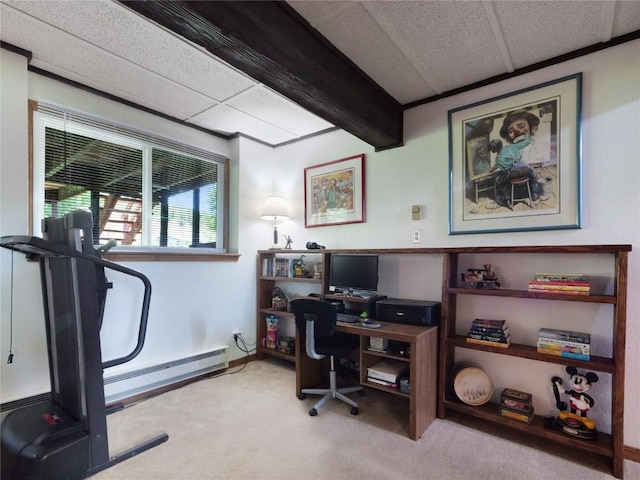 1346 Rainbow Dr, Silverthorne, CO 80498 - office area featuring carpet floors, a drop ceiling, and a baseboard heating unit