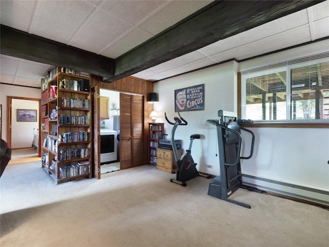 1346 Rainbow Dr, Silverthorne, CO 80498 - exercise area with carpet, a paneled ceiling, and a baseboard radiator