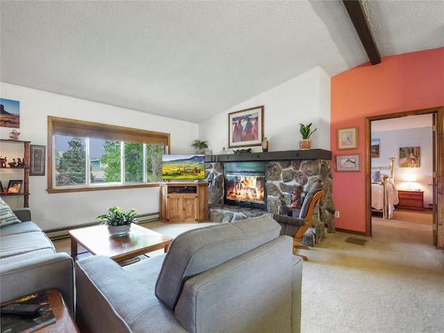 1346 Rainbow Dr, Silverthorne, CO 80498 - living area featuring a fireplace, a textured ceiling, a baseboard heating unit, a baseboard radiator, and light carpet