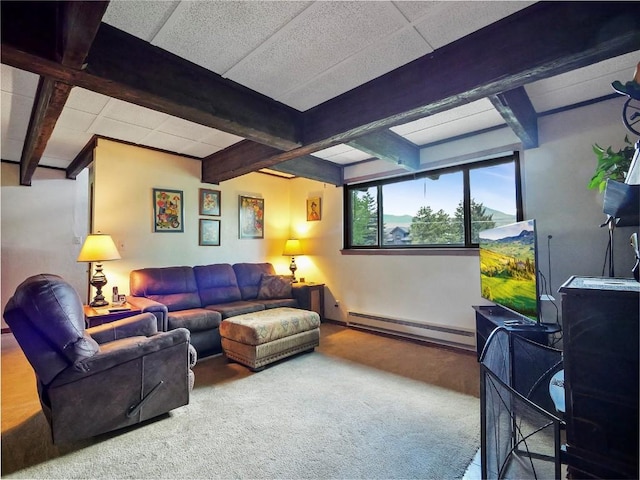 1346 Rainbow Dr, Silverthorne, CO 80498 - living area with carpet flooring, beamed ceiling, and baseboard heating