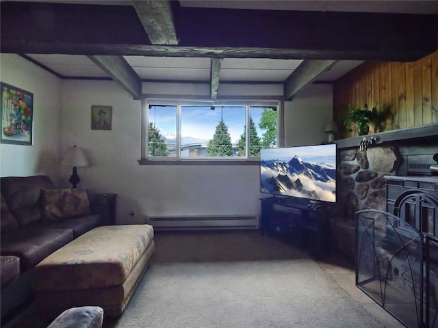 1346 Rainbow Dr, Silverthorne, CO 80498 - living area featuring a baseboard radiator, carpet, and beamed ceiling