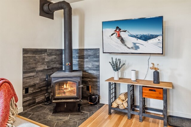 530 Castello Ave, Fairplay, CO 80440 - detailed view of a wood stove, baseboards, and wood finished floors
