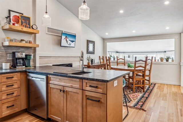 530 Castello Ave, Fairplay, CO 80440 - kitchen with dishwasher, light wood-type flooring, dark countertops, pendant lighting, and recessed lighting