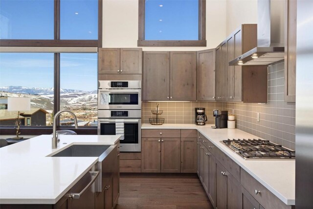 11 Glazer Trl, Silverthorne, CO 80498 - kitchen featuring decorative backsplash, a sink, appliances with stainless steel finishes, light countertops, and wall chimney exhaust hood