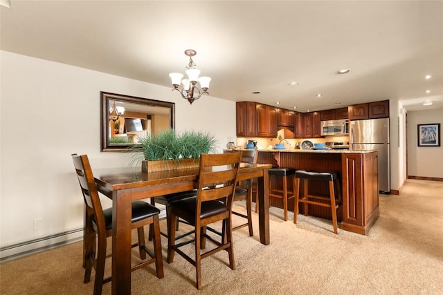 1945 Cornice Rd Unit 304 2334, Steamboat Springs, CO 80487 - dining area with baseboards, recessed lighting, a baseboard radiator, light carpet, and a notable chandelier