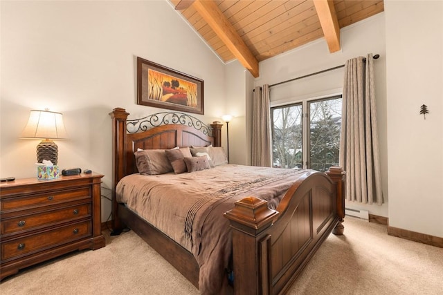 1945 Cornice Rd Unit 304 2334, Steamboat Springs, CO 80487 - bedroom with light colored carpet, baseboard heating, baseboards, wood ceiling, and vaulted ceiling with beams