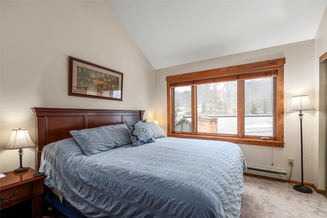 bedroom featuring a baseboard heating unit, vaulted ceiling, baseboards, and light colored carpet