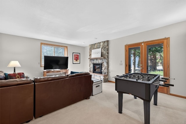 773 Range Rd, Breckenridge, CO 80424 - rec room featuring light colored carpet and a stone fireplace