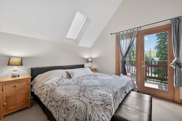 773 Range Rd, Breckenridge, CO 80424 - bedroom featuring vaulted ceiling, a skylight, light colored carpet, and access to exterior