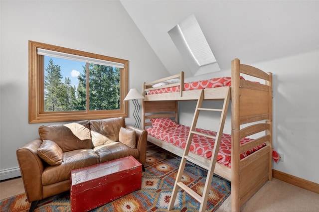 773 Range Rd, Breckenridge, CO 80424 - bedroom with vaulted ceiling, a skylight, carpet flooring, and a baseboard radiator