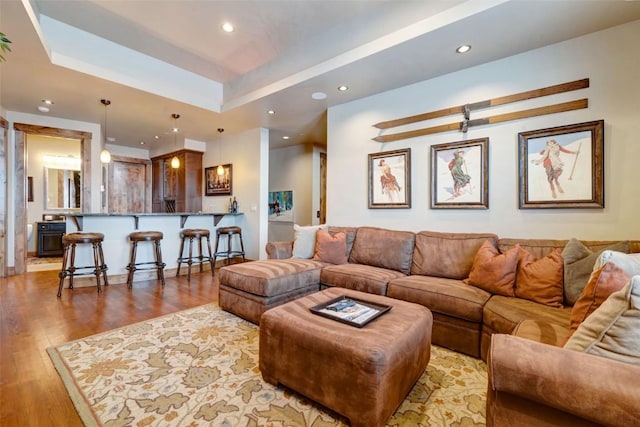2542 Ski Trail Ln, Steamboat Springs, CO 80487 - living area with recessed lighting, a raised ceiling, and light wood-type flooring