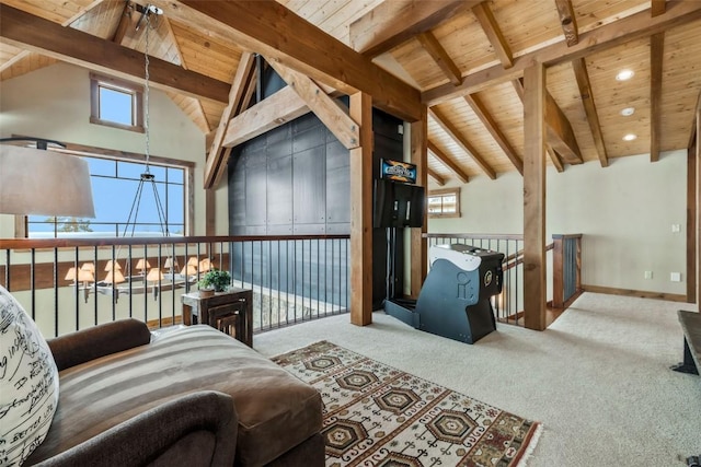 2542 Ski Trail Ln, Steamboat Springs, CO 80487 - carpeted living room with lofted ceiling with beams, recessed lighting, wooden ceiling, and baseboards