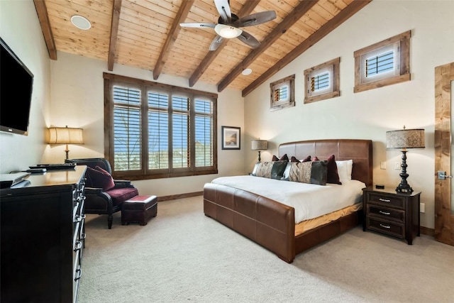 2542 Ski Trail Ln, Steamboat Springs, CO 80487 - bedroom featuring light colored carpet, wood ceiling, beamed ceiling, baseboards, and high vaulted ceiling