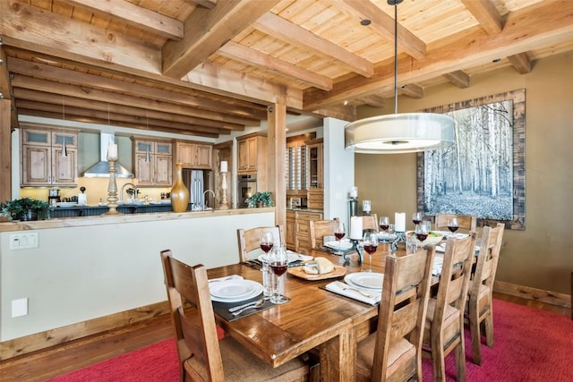 2542 Ski Trail Ln, Steamboat Springs, CO 80487 - dining space with beam ceiling, wood finished floors, baseboards, and wooden ceiling