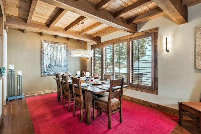 2542 Ski Trail Ln, Steamboat Springs, CO 80487 - dining area with wood-type flooring, baseboards, beamed ceiling, and wooden ceiling