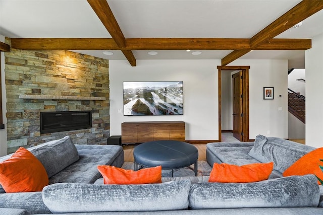 455 Highfield Trl, Breckenridge, CO 80424 - living room with beam ceiling, a fireplace, stairway, coffered ceiling, and recessed lighting