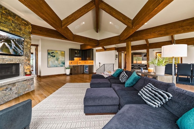 455 Highfield Trl, Breckenridge, CO 80424 - living room with a fireplace, wood finished floors, and recessed lighting