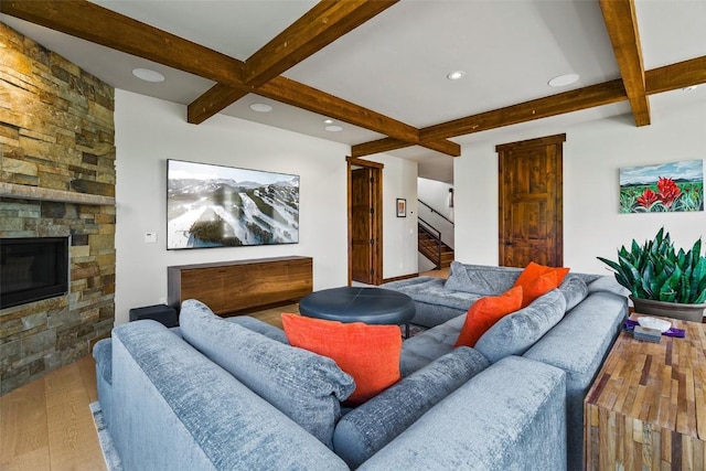 455 Highfield Trl, Breckenridge, CO 80424 - living room featuring beam ceiling, coffered ceiling, wood finished floors, stairs, and recessed lighting