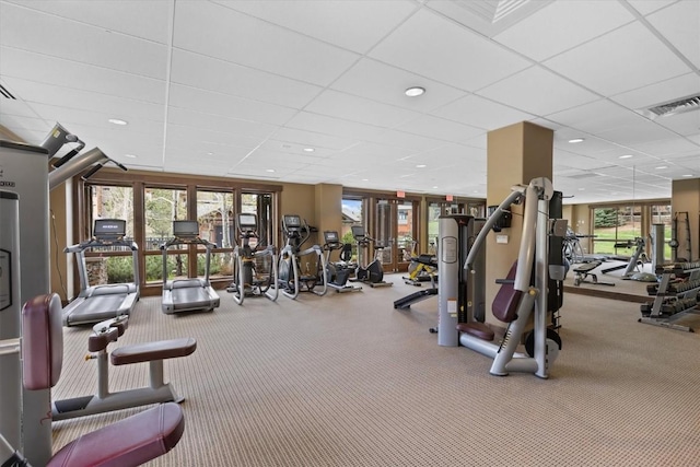 exercise room featuring carpet flooring, visible vents, and a paneled ceiling